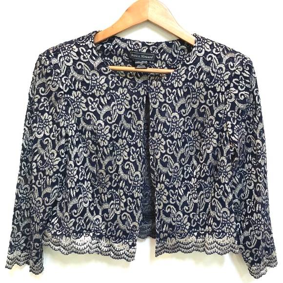 Jessica Howard Vintage Blue and Gold Floral Cropped Jacket (14P) - Picture 1 of 7